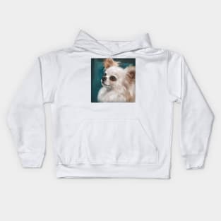 Cute Furry White and Brown Chihuahua on Dark Green Background Kids Hoodie